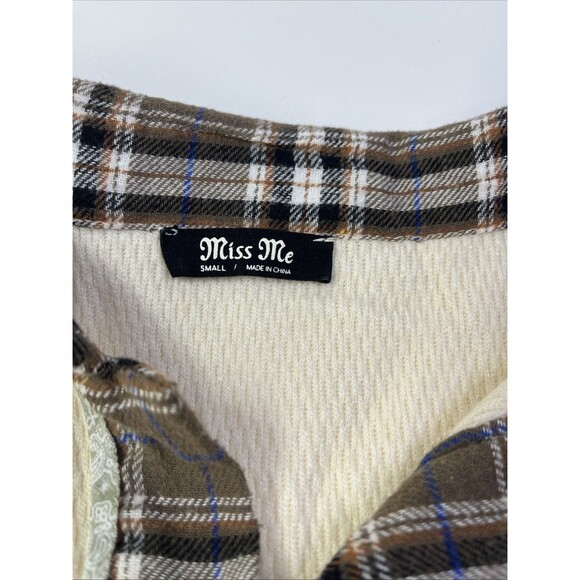 Miss Me Plaid Pieced Button Up Shirt Women’s Small Ivory Rayon Blend S - Picture 3 of 7